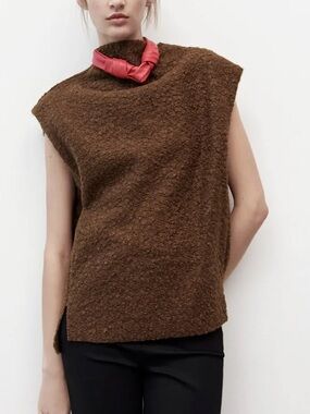ZARA Textured Knit High Neck Oversized Sweater Vest Chocolate Brown Top